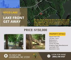 Lake Front Get Away in NC for Sale